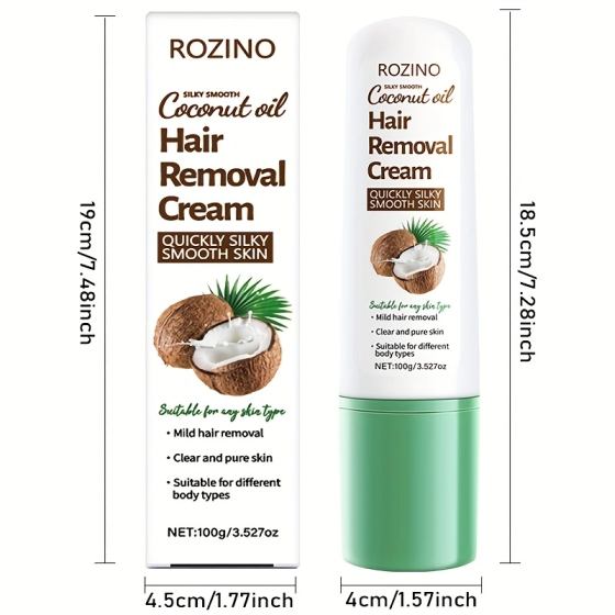 ROZINO Coconut Oil Hair Removal Cream | Gentle & Painless Depilatory for Face, Lips, Arms & Legs | 100g