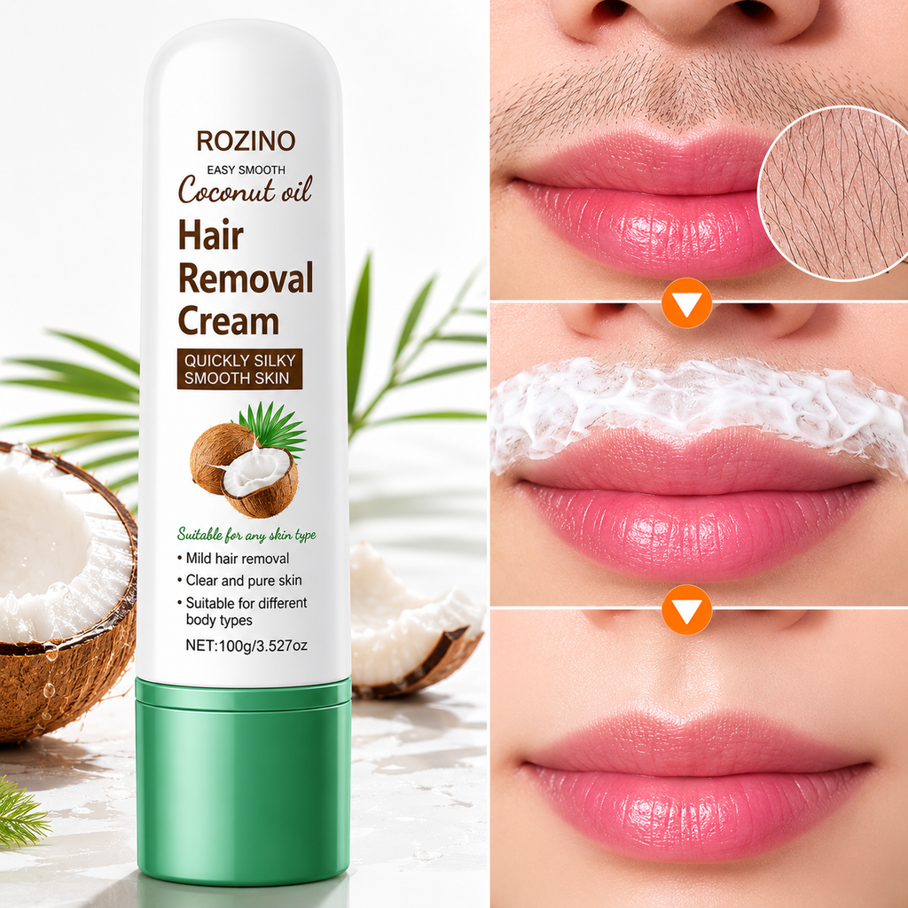 ROZINO Coconut Oil Hair Removal Cream | Gentle & Painless Depilatory for Face, Lips, Arms & Legs | 100g